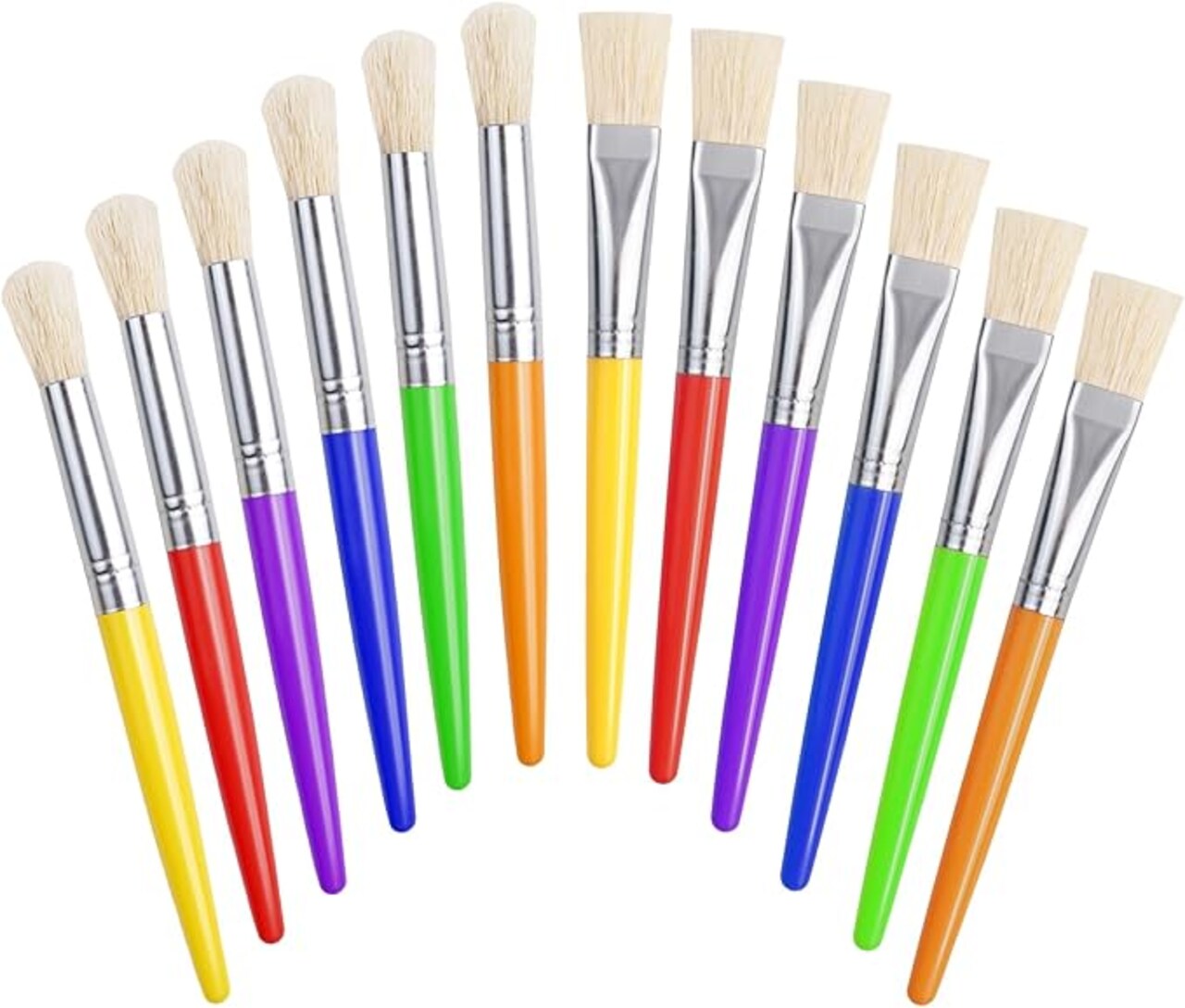 Kids Paint Brushes, 12 Pcs Round/Flat Large, Easy to Clean & Grip Washable No Shed Hog Bristle for Watercolor, Acrylic, Gouache
